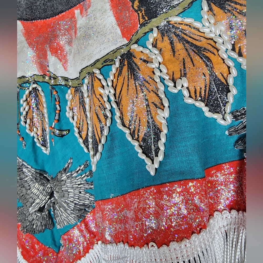 VINTAGE Handpainted Beaded Zip Sweatshirt Aztc Southwest Eagle Fringe Artsy XL - Picture 6 of 13